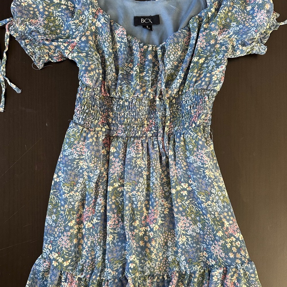 BCX Girls Blue Floral Smocked Flutter Dress